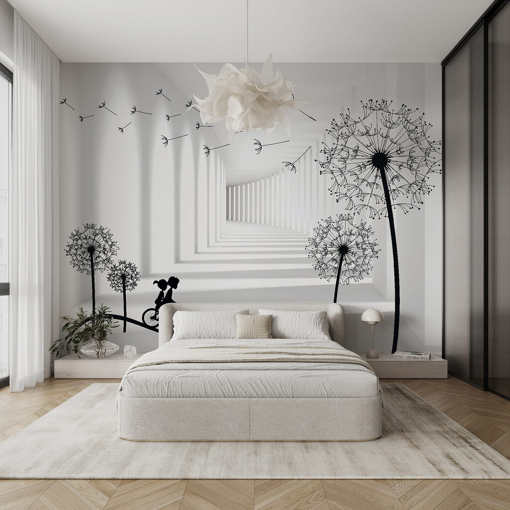 Girl riding a bike in a room with dandelions Girl riding a bike in a room with dandelions