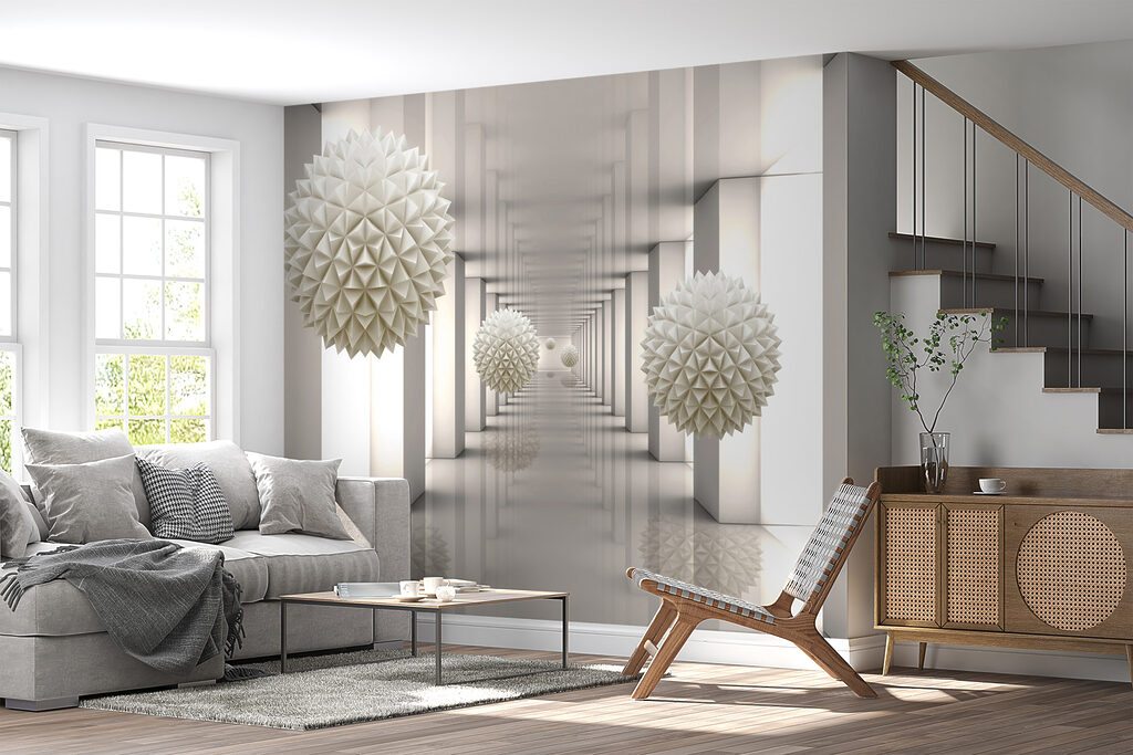 White room with white columns and white balls White room with white columns and white balls