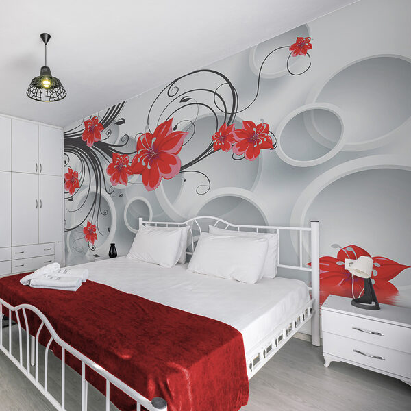 Wallpaper with red flowers and white circles Wallpaper with red flowers and white circles