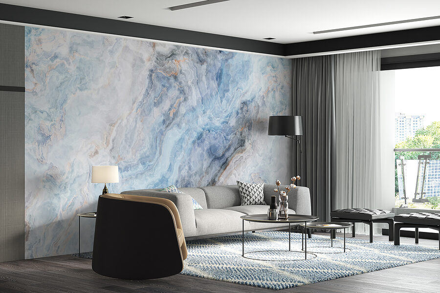 Fluid blues and soft, swirling textures.