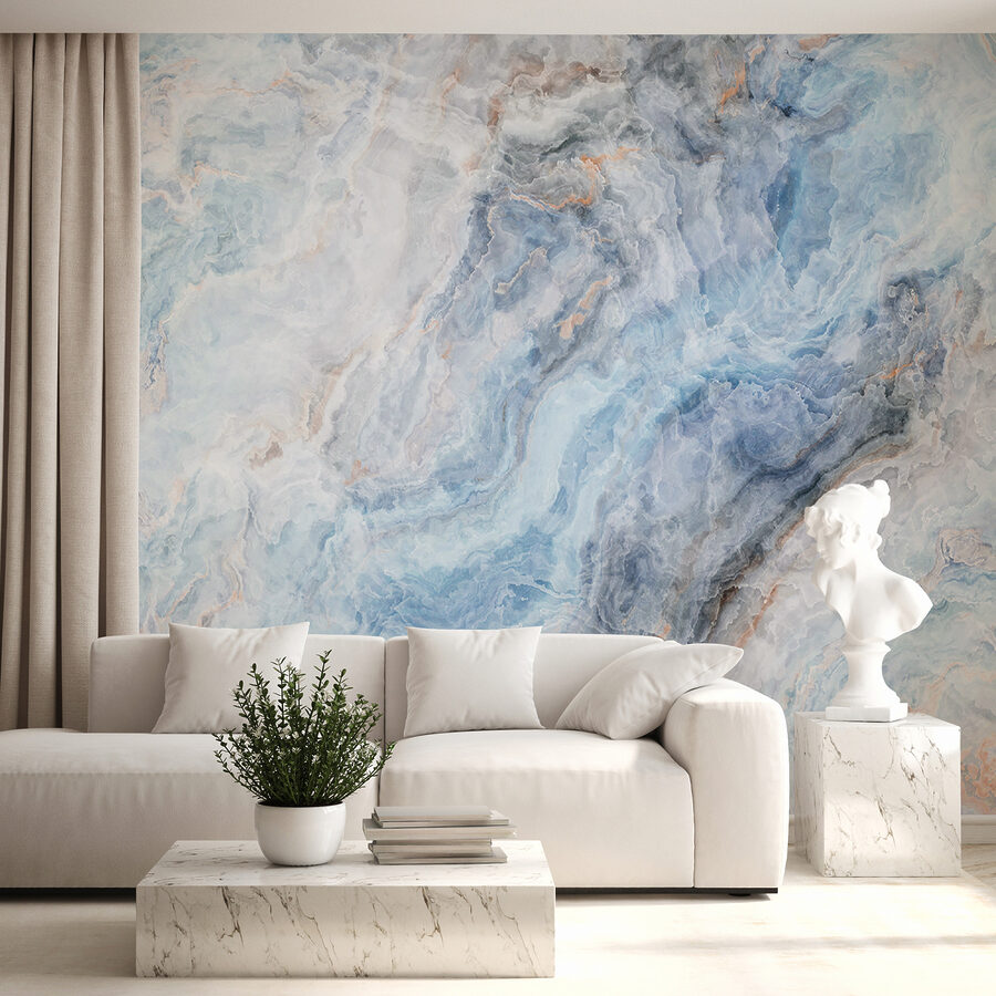 Fluid blues and soft, swirling textures.