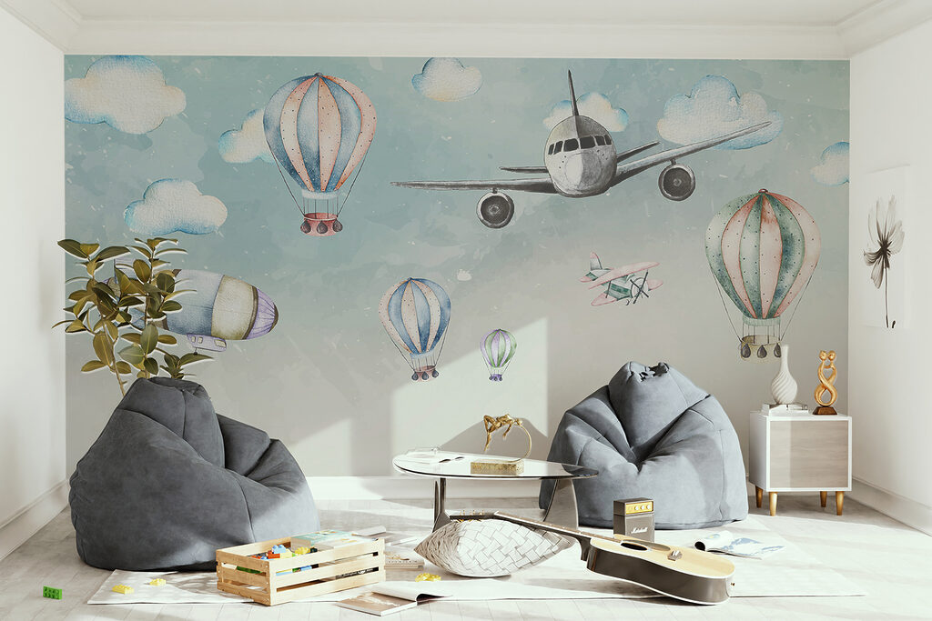 Group of hot air balloons and airplanes Group of hot air balloons and airplanes