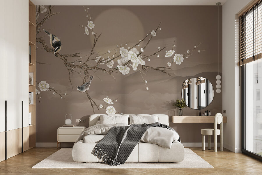 Tree branch with white flowers and a bird on it
