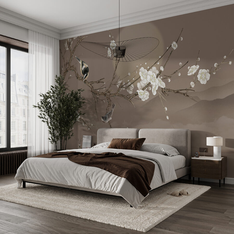 Tree branch with white flowers and a bird on it