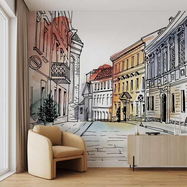 Drawing of a street with buildings Drawing of a street with buildings