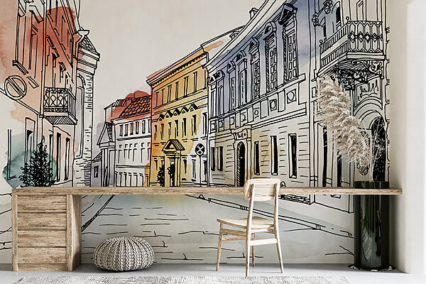 Drawing of a street with buildings Drawing of a street with buildings
