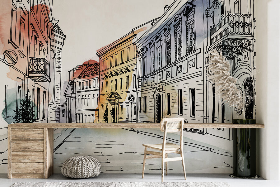 Drawing of a street with buildings Drawing of a street with buildings