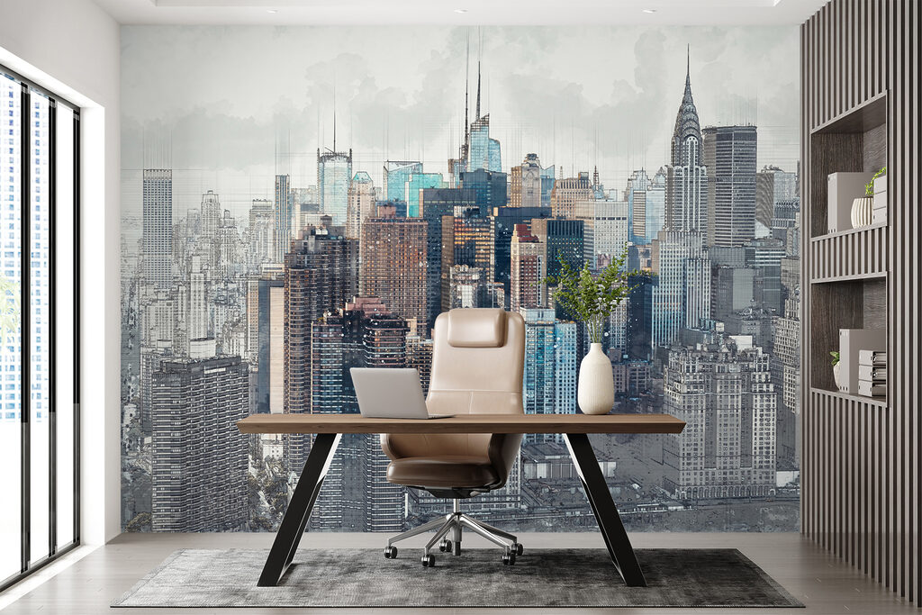 City skyline with many tall buildings