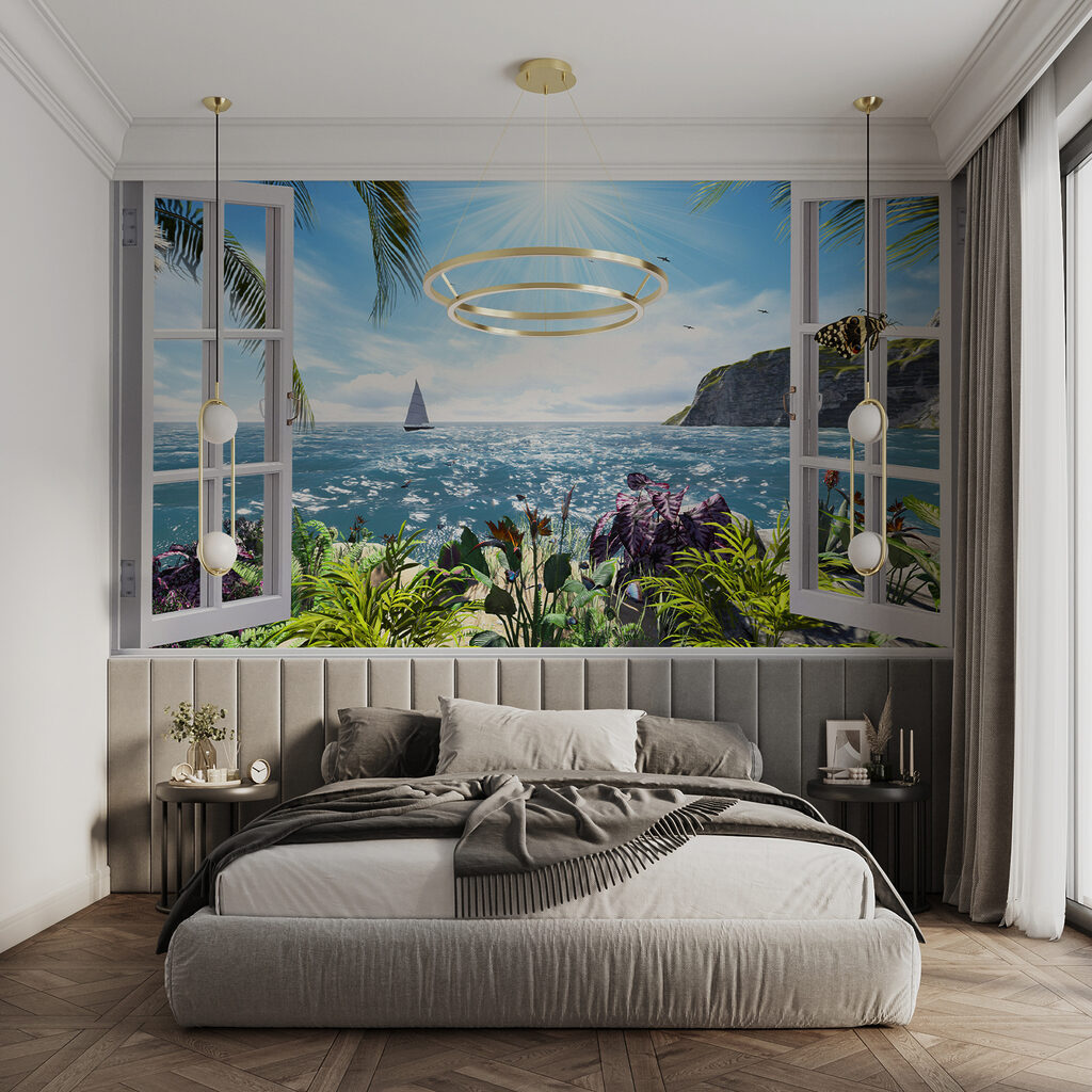 Window with a view of the ocean and a sailboat