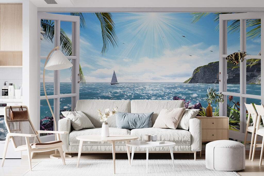 Window with a view of the ocean and a sailboat