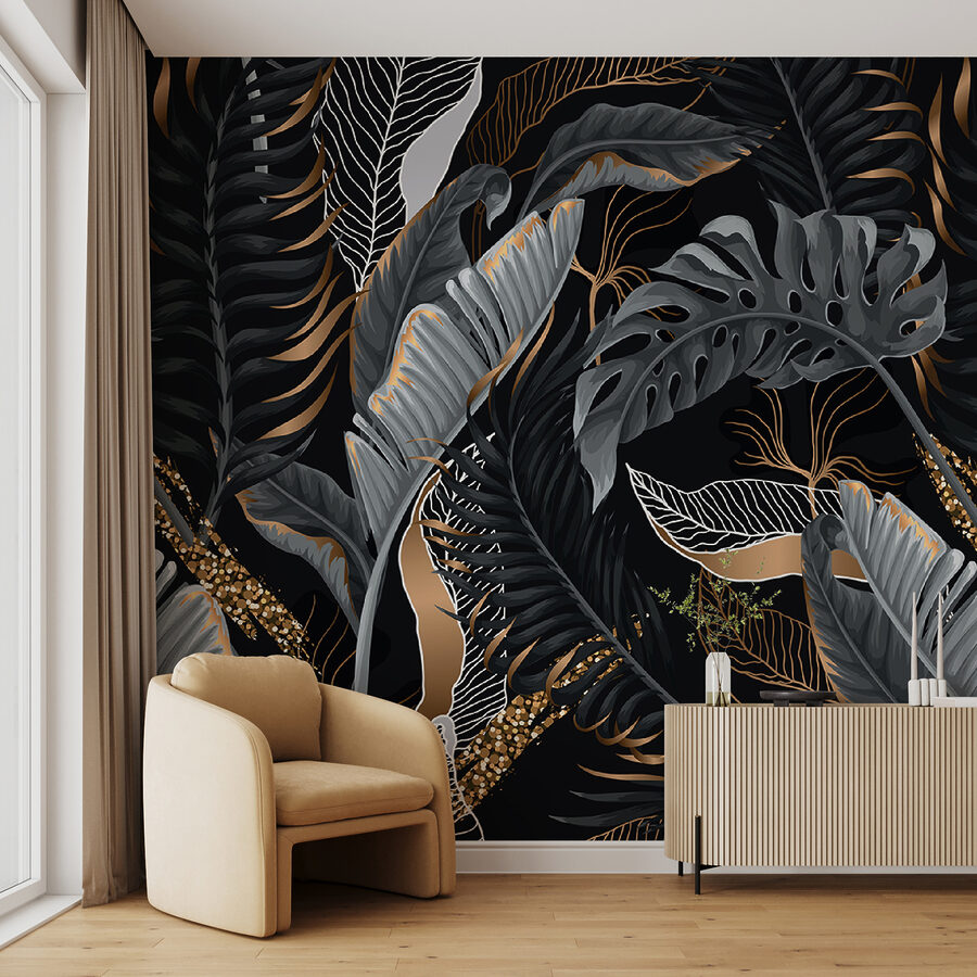 Lush tropical foliage with shimmering accents.