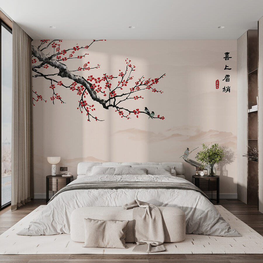 Wall murals Tree branch with red flowers and a man on a boat - Image 2
