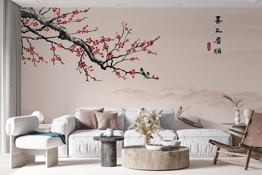 Wall murals Tree branch with red flowers and a man on a boat - Image 3