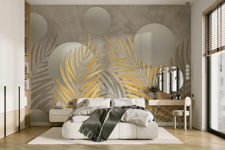 Spheres and leaves in metallic hues.