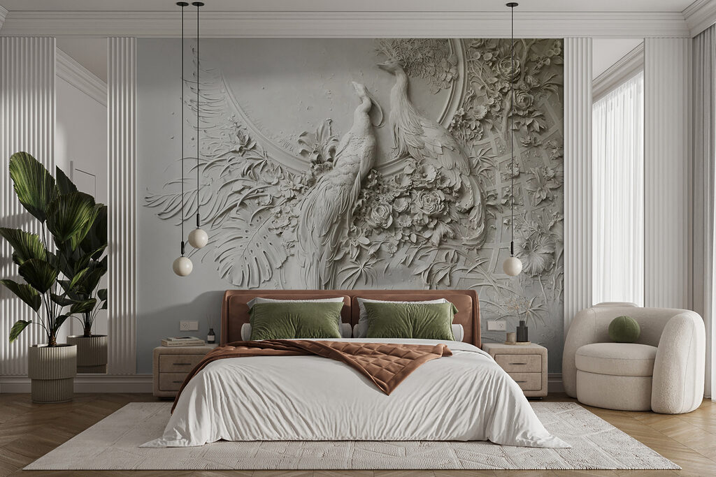 White wall with a couple of birds and flowers White wall with a couple of birds and flowers