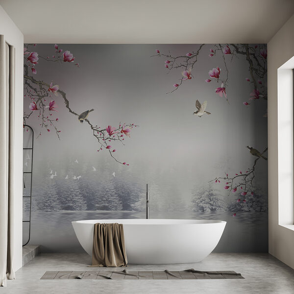 Tree branches with pink flowers and birds flying over water Tree branches with pink flowers and birds flying over water