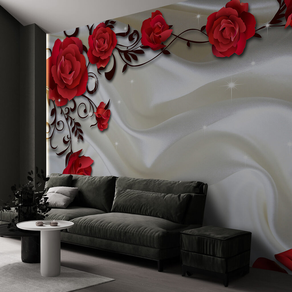 White satin with red roses and petals White satin with red roses and petals