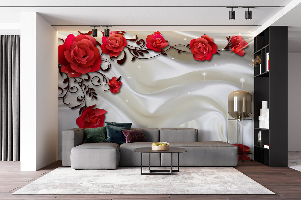 White satin with red roses and petals White satin with red roses and petals