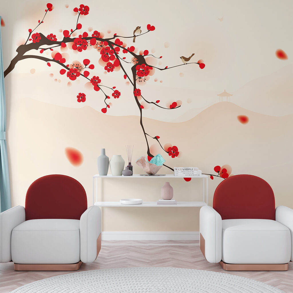 Branch with red flowers and birds flying in the sky Branch with red flowers and birds flying in the sky