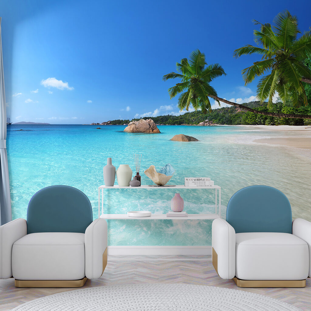 Beach with palm trees and blue water Beach with palm trees and blue water