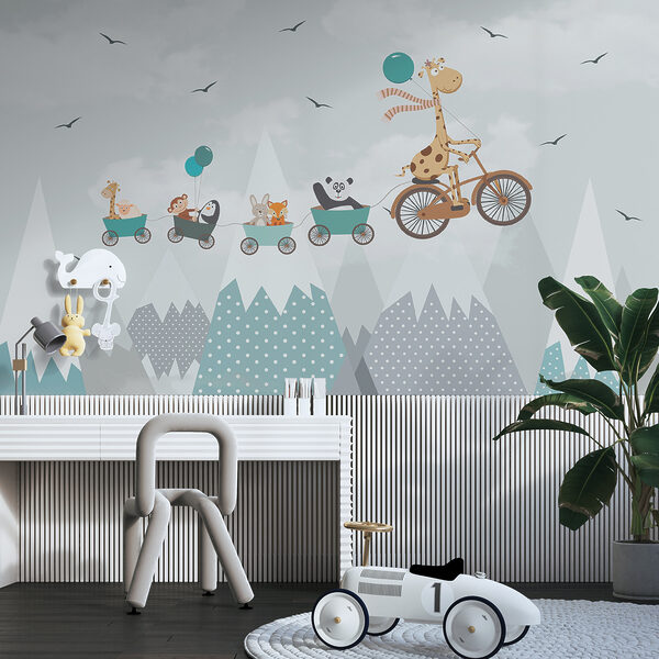 Giraffe riding a bicycle with a train and animals Giraffe riding a bicycle with a train and animals