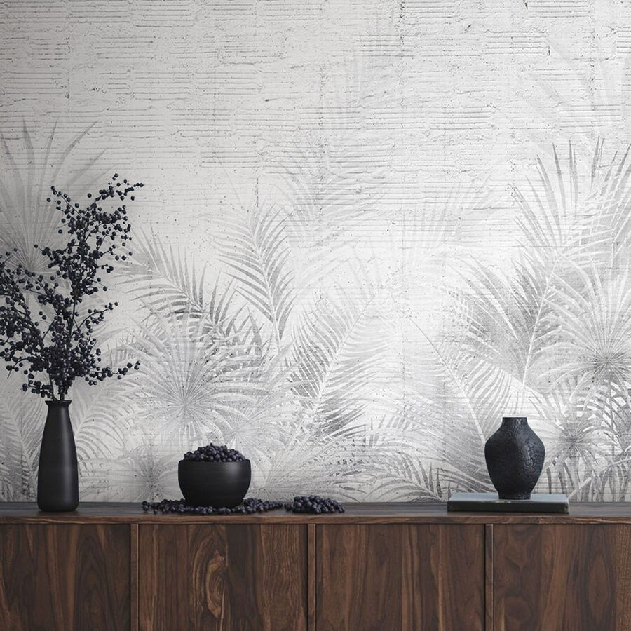 White and grey background with palm leaves White and grey background with palm leaves