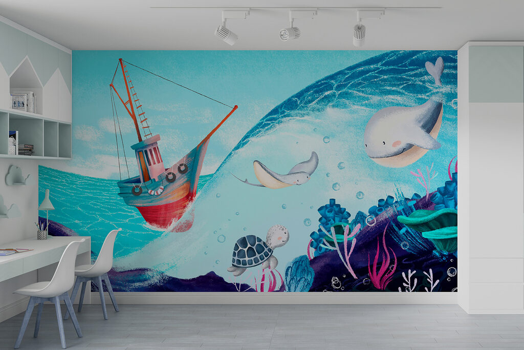 Cartoon of a boat and sea animals Cartoon of a boat and sea animals