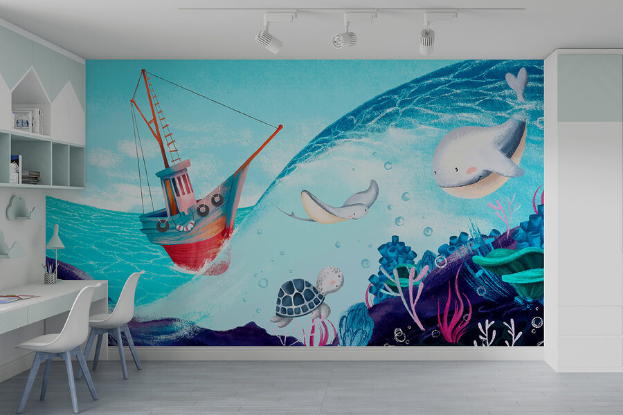 Wall murals Cartoon of a boat and sea animals - Image 5