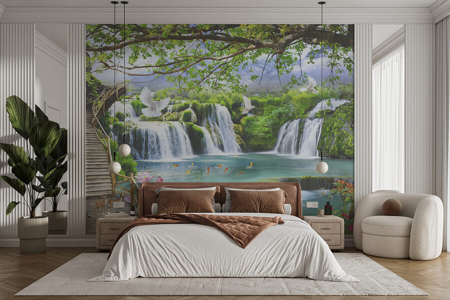 Waterfall with birds and a bridge