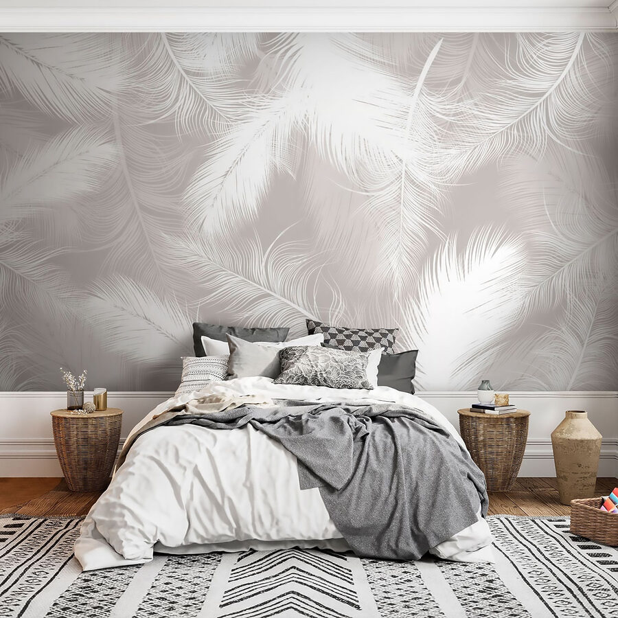 White feathers on a gray background