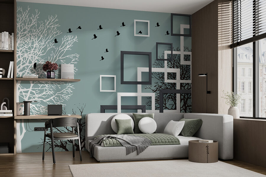 Wall mural with trees and birds flying