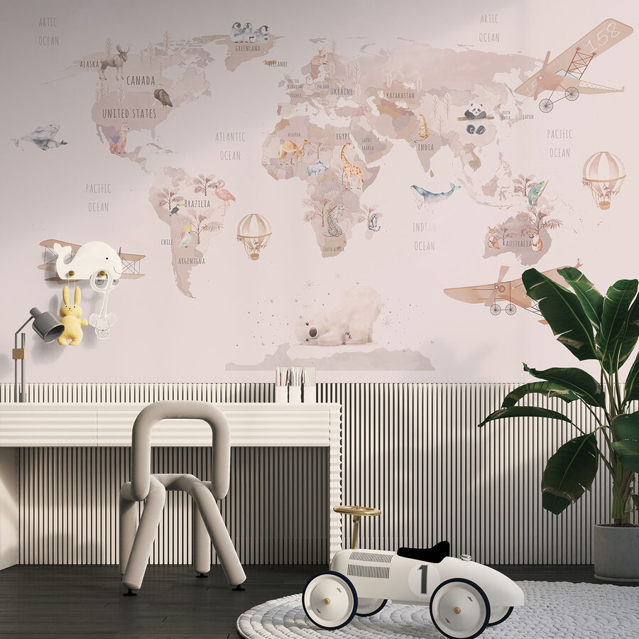Map of the world with airplanes and polar bears