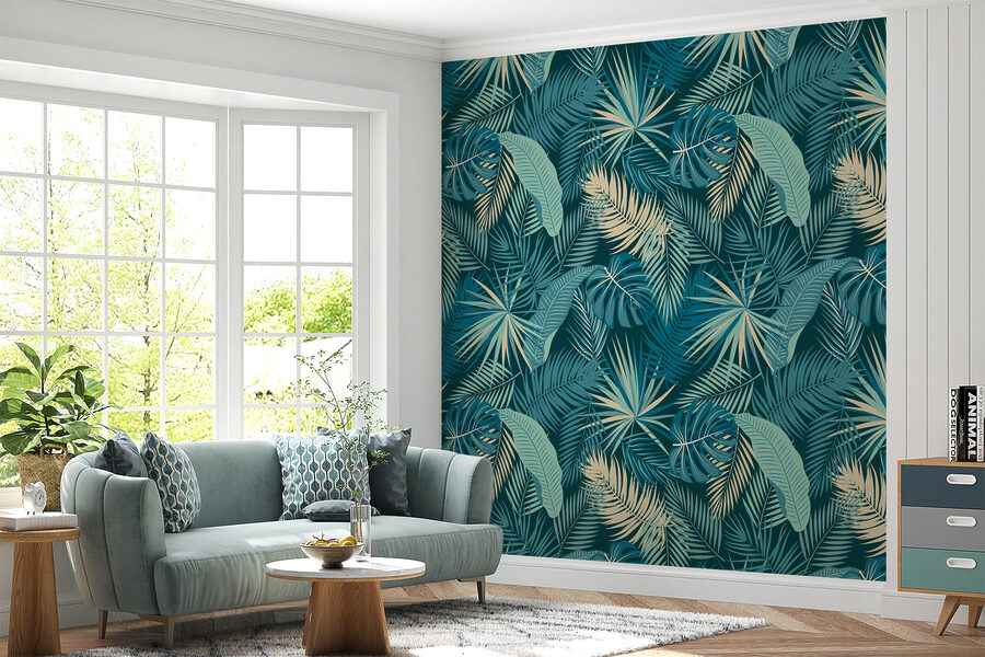 Pattern of leaves on a blue background