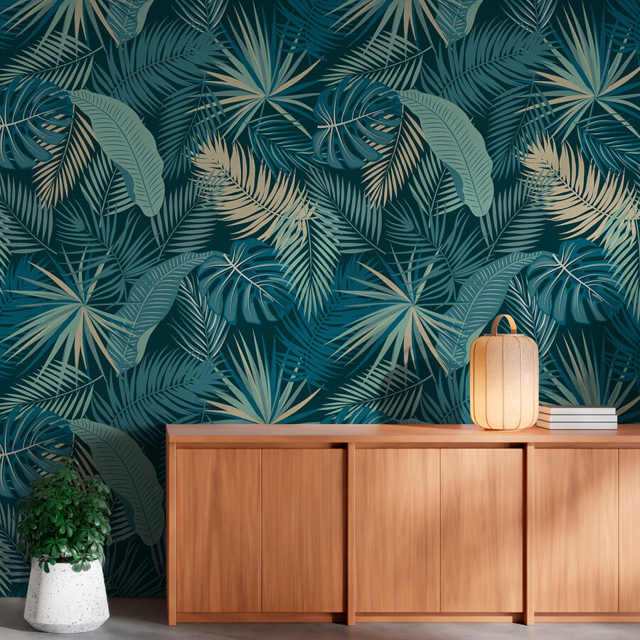 Pattern of leaves on a blue background