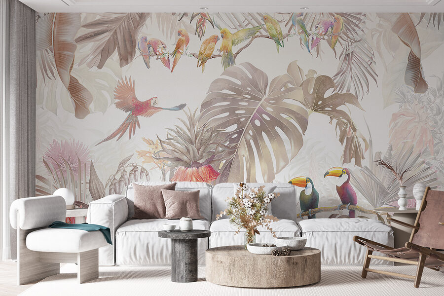 Group of birds on a branch surrounded by tropical plants