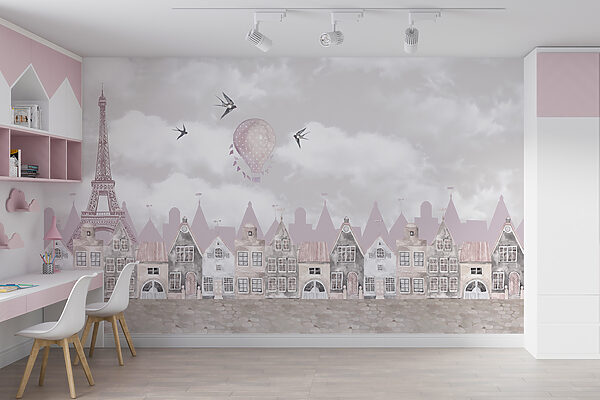 Pink and white cityscape with pink balloons and birds flying u94128pir3mr 600x400 - Pink and white cityscape with pink balloons and birds flying