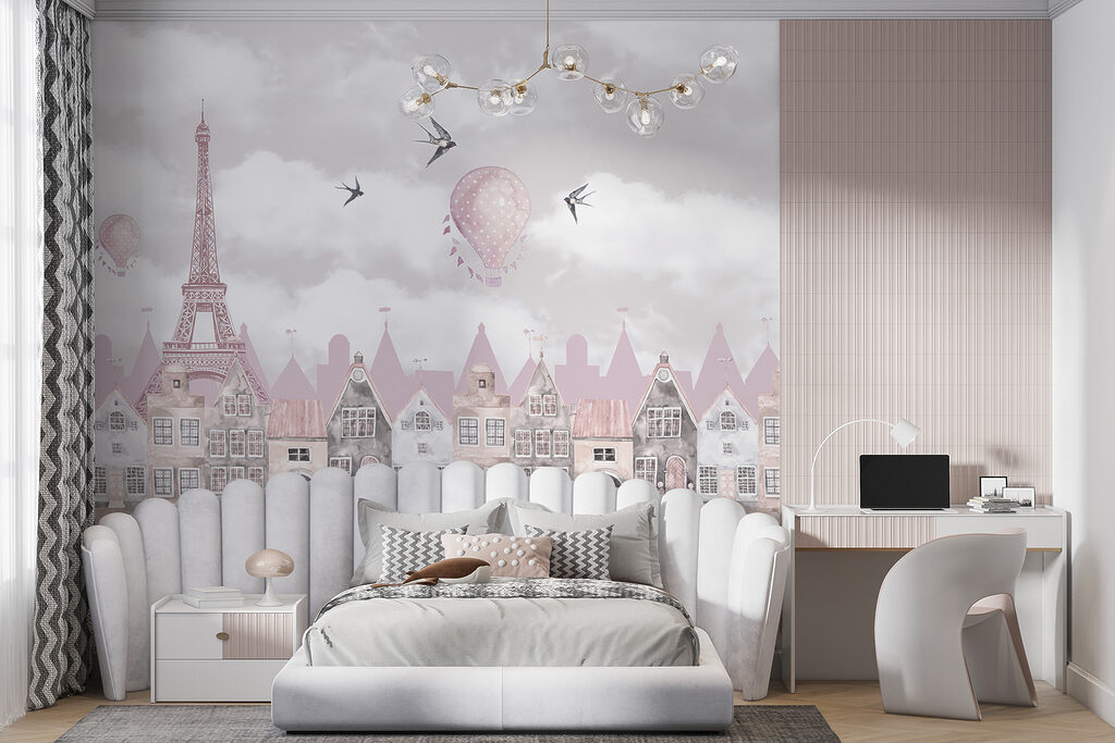 Pink and white cityscape with pink balloons and birds flying u94128pir7r 1024x683 - Pink and white cityscape with pink balloons and birds flying