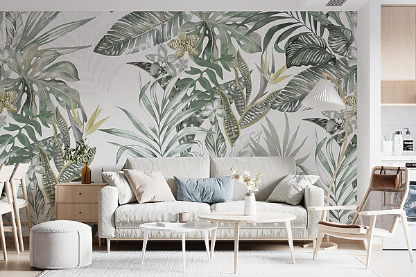 Wallpaper with leaves and flowers