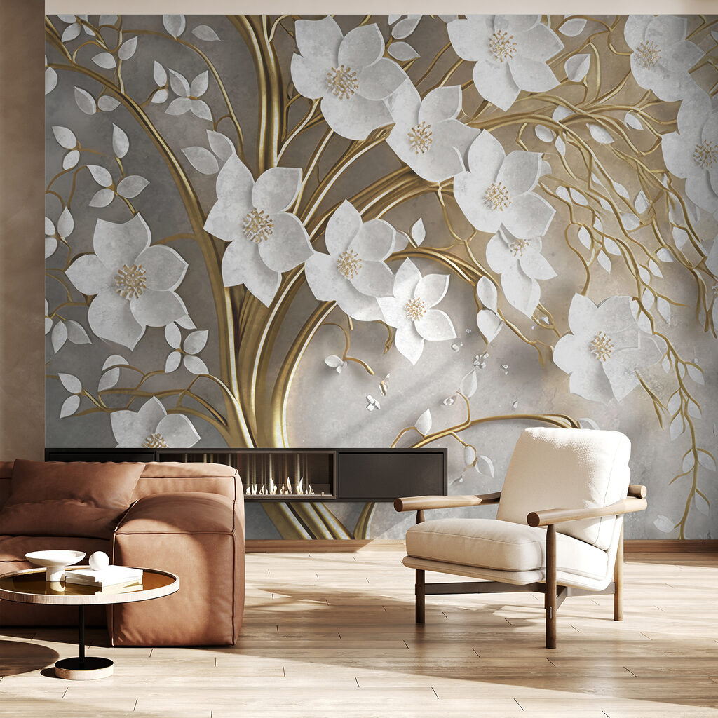 Tree with white flowers and leaves