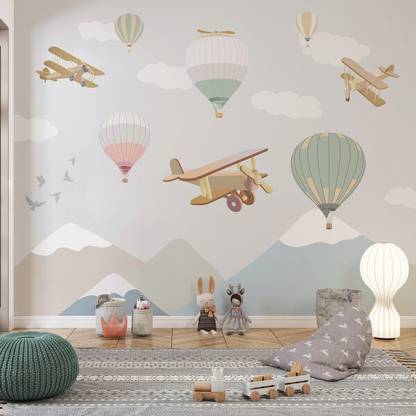 Group of hot air balloons and airplanes Group of hot air balloons and airplanes