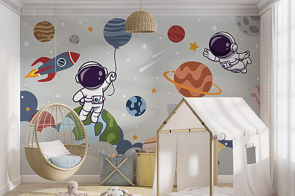 Cartoon astronaut in space with planets and rocket flying in the sky Cartoon astronaut in space with planets and rocket flying in the sky
