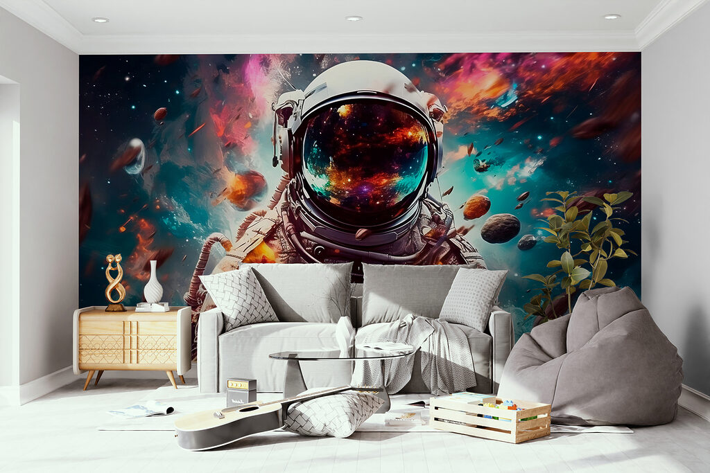 An astronaut in space with a large helmet