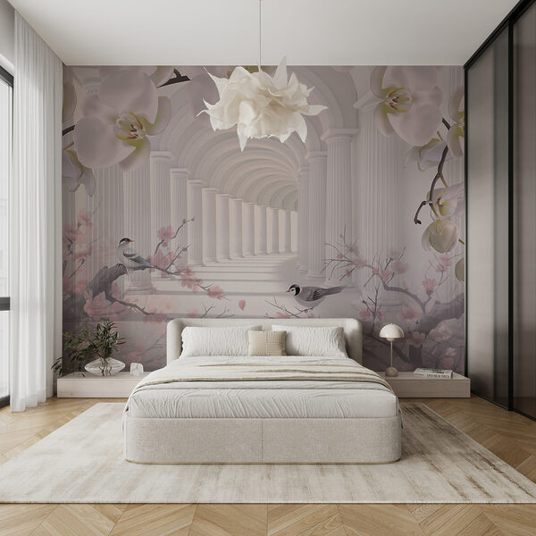 White archway with white columns and birds White archway with white columns and birds