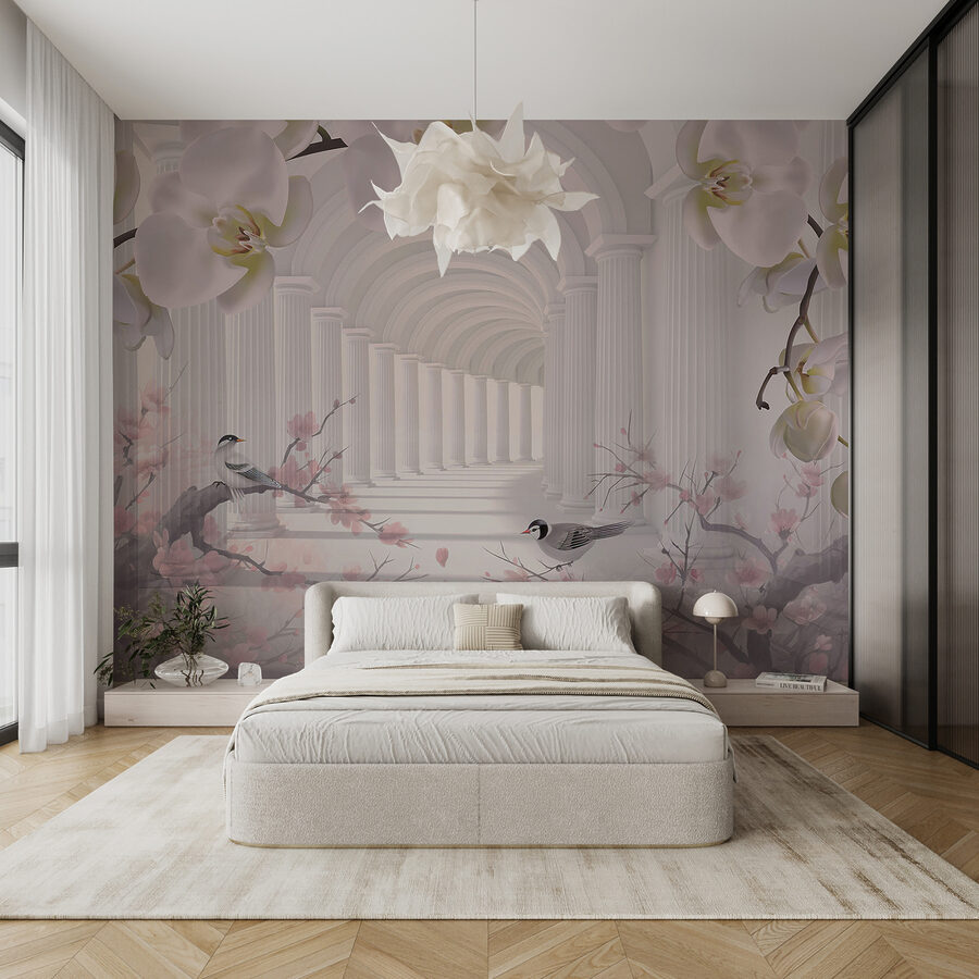 White archway with white columns and birds