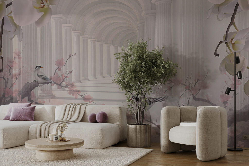 White archway with white columns and birds White archway with white columns and birds