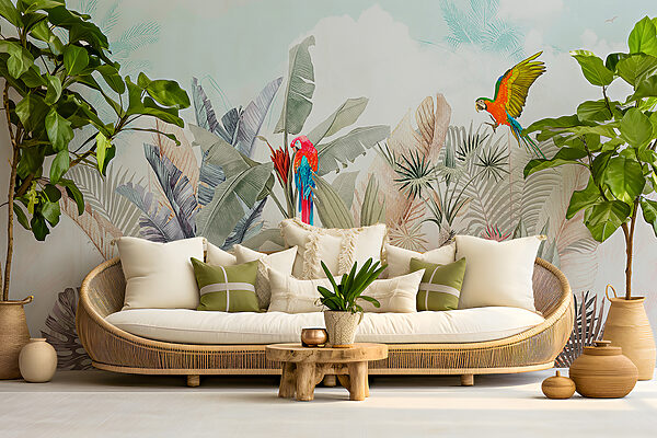 Wallpaper with tropical plants and birds u95037pig34mr 600x400 - Wallpaper with tropical plants and birds