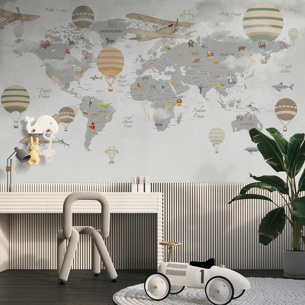 Map of the world with animals and hot air balloons Map of the world with animals and hot air balloons