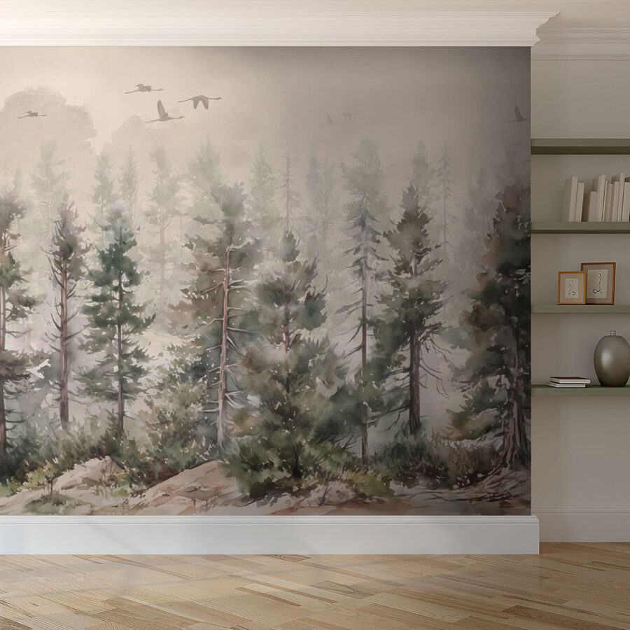Wall murals Watercolor of trees and birds flying over a foggy forest - Image 3
