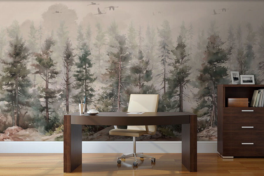 Wall murals Watercolor of trees and birds flying over a foggy forest - Image 4