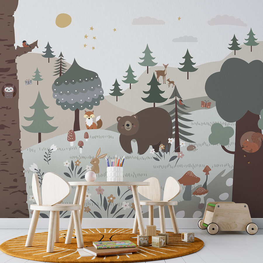 Cartoon of a bear and rabbit in a forest